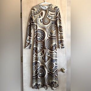 Zara Retro Abstract Print Midi Dress M Brown Gray Long Sleeve Stretch Jersey EUC